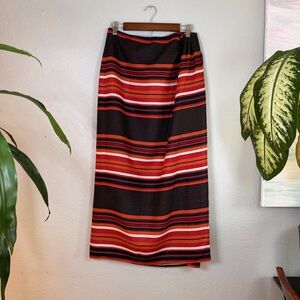 Embassy Row Linen Vintage Boho Orange Red Black Striped Bohemian Wrap Skirt 12